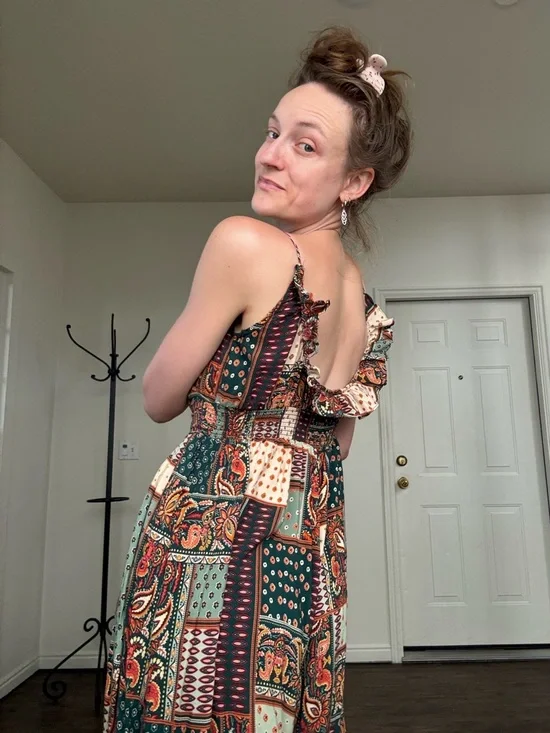 NATURAL LIFE Green Patchwork Midi Dress with Rust & Cream Accents - Picture 3 of 3